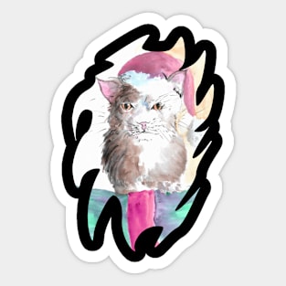 Santa hat cat painting - Christmas inspired designs Sticker